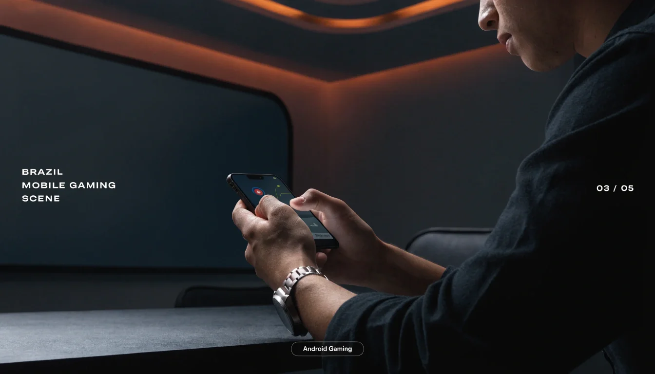 Jogador brasileiro usando um celular Android em um ambiente moderno